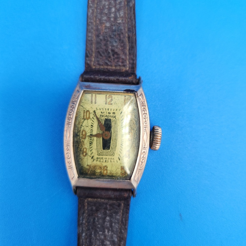 RARE Vintage Miss Ingraham Art Deco Watch Gold Tone Tonneau Case Model L AS-IS